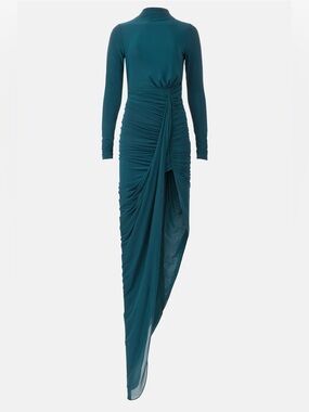 Ronny Kobo Collection Teal Long-Sleeve Ruched Asymmetric Gown